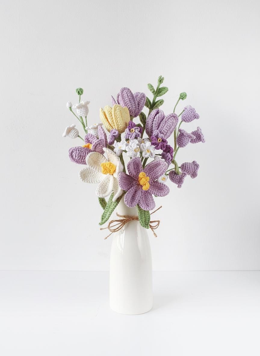 Crochet Flower Bouquet with Vase, Handmade Tulips, Lily-of-the-Valley