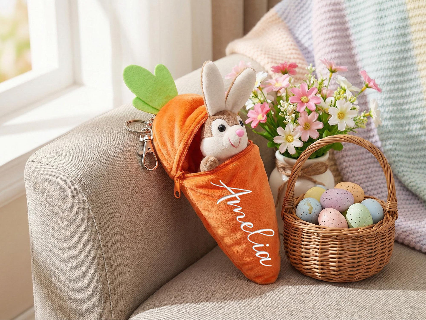 Personalized Carrot Bunny Keychain, Plush Easter Basket Stuffer, Custom Name Zipper Pouch Keyring, Kids Egg Hunt Gift,Bunny Carrot Bag Charm