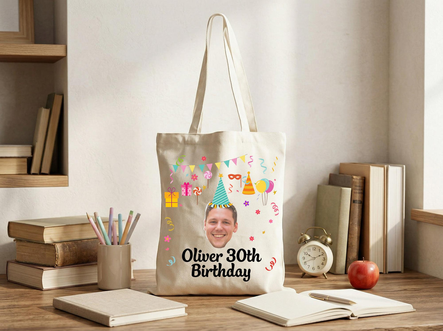 Canvas Tote Bag Custom Photo 30Th Birthday Gift Party Icons Personalized Name Reusable Shopper Bag For Women Men Friend