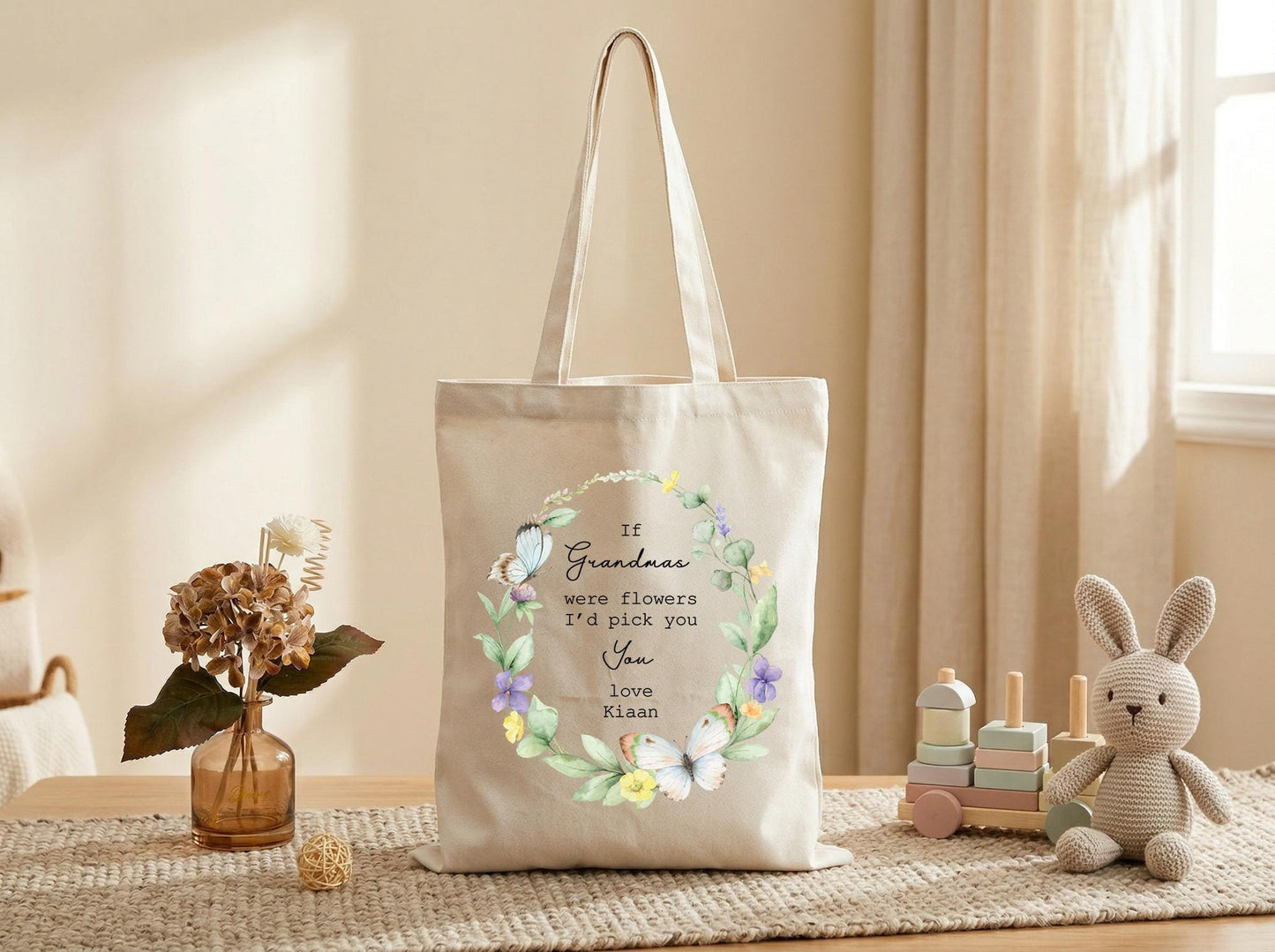 Personalized Grandma Tote Bag Floral Wreath Canvas Tote Gift for Grandma from Grandkids Grandmother Gift Mothers Day Birthday Christmas Gift