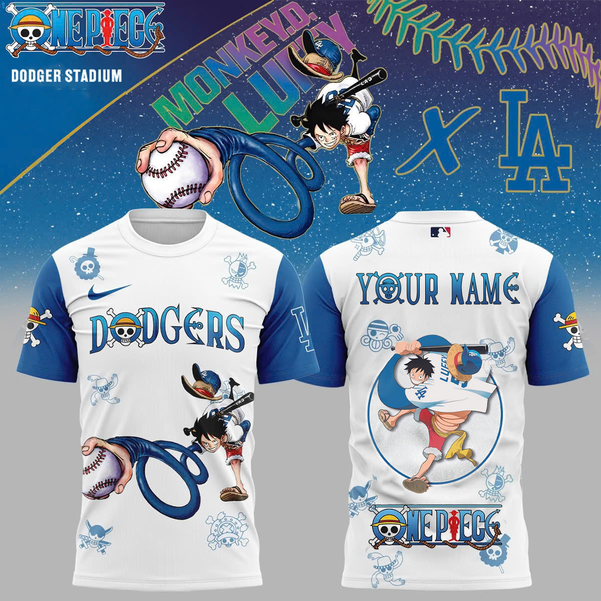 ,Los Angeles Dodgers & ONE PIECE Night shirt (Custom Name)