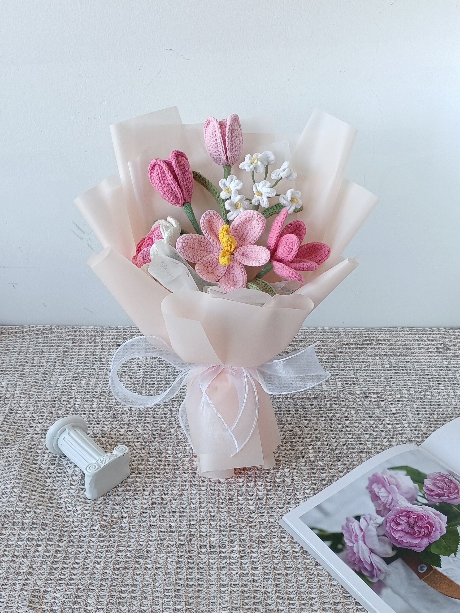 Crochet Flower Bouquet: Handmade Tulip, Rose, Daisy Gift