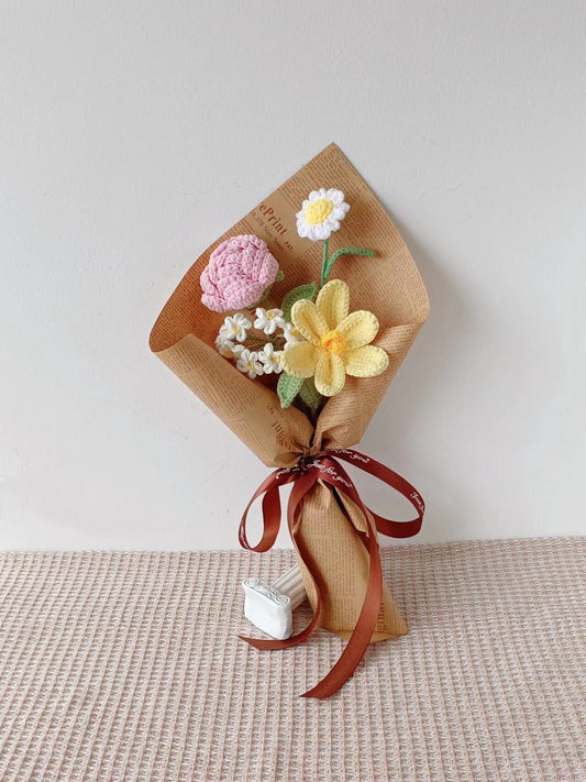 Crochet Flower Bouquet: Handmade Tulip, Rose & Sunflower Gift