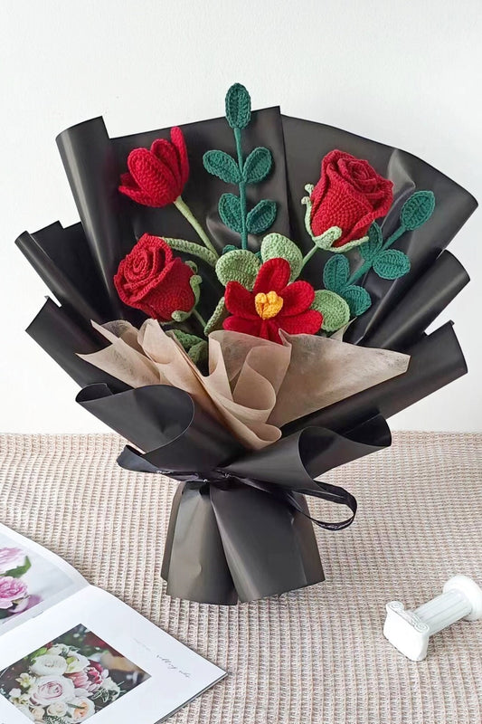 Handmade Crochet Flower Bouquet: Everlasting Rose Tulip Gift