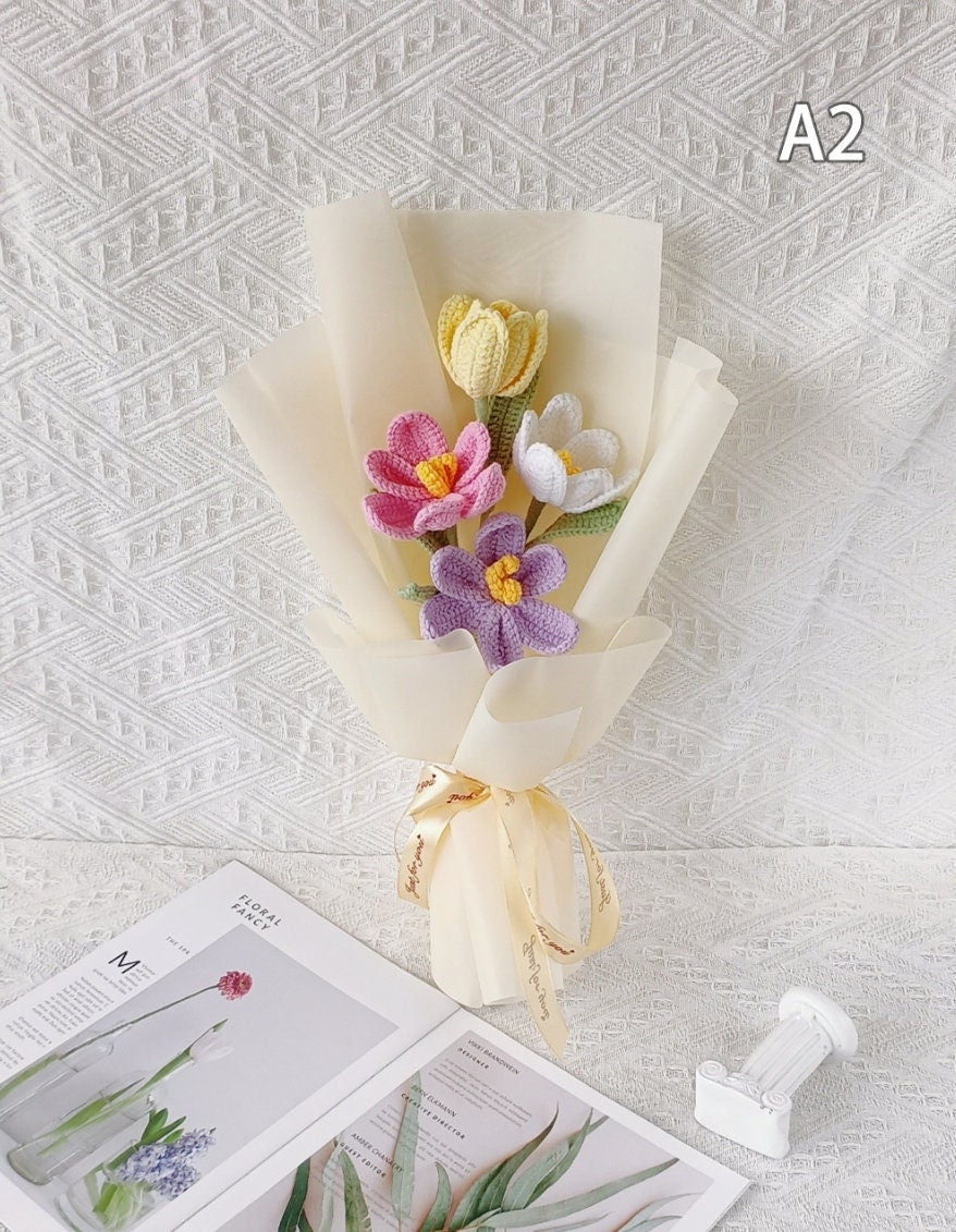 Handmade Crochet Tulip Flower Bouquet: Knitted Colorful Flowers