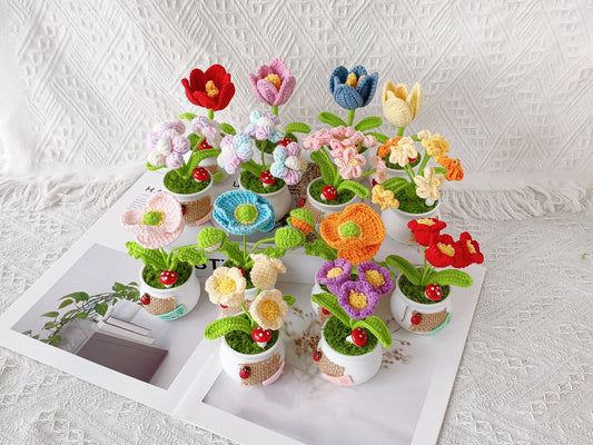 Handmade Crochet Tulips in Pot: Forever Blooming Desk Decor