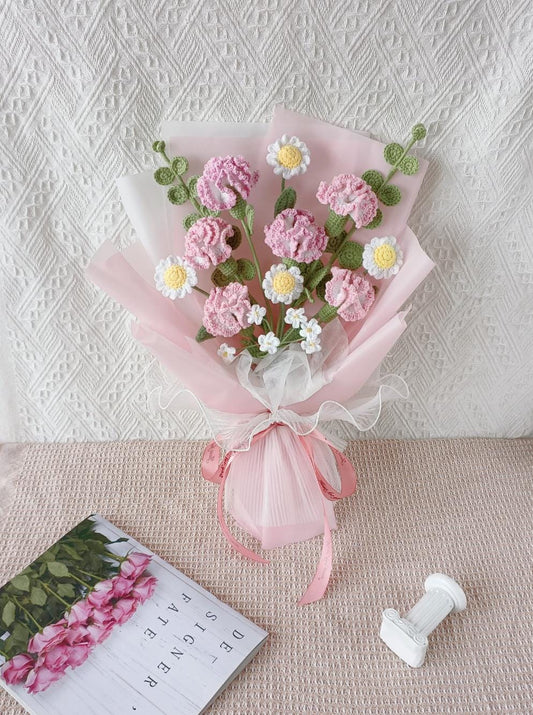Handmade Crochet Carnation Bouquet, Pink & White Flowers, Mother's Day Gift