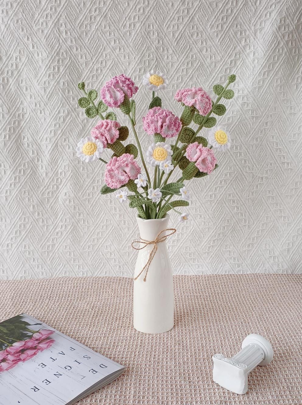 Handmade Crochet Carnation Bouquet, Pink & White Flowers, Mother's Day Gift
