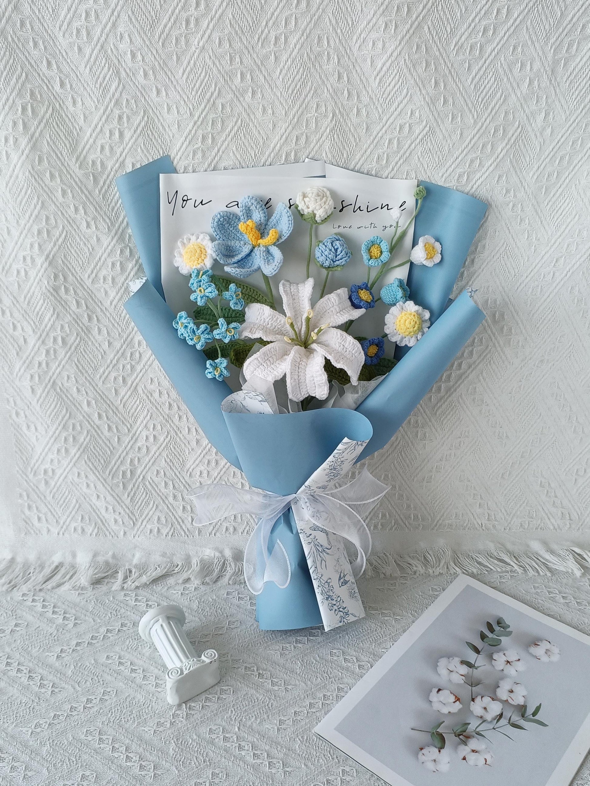 Handmade Crochet Flower Bouquet: Blue Everlasting Gift