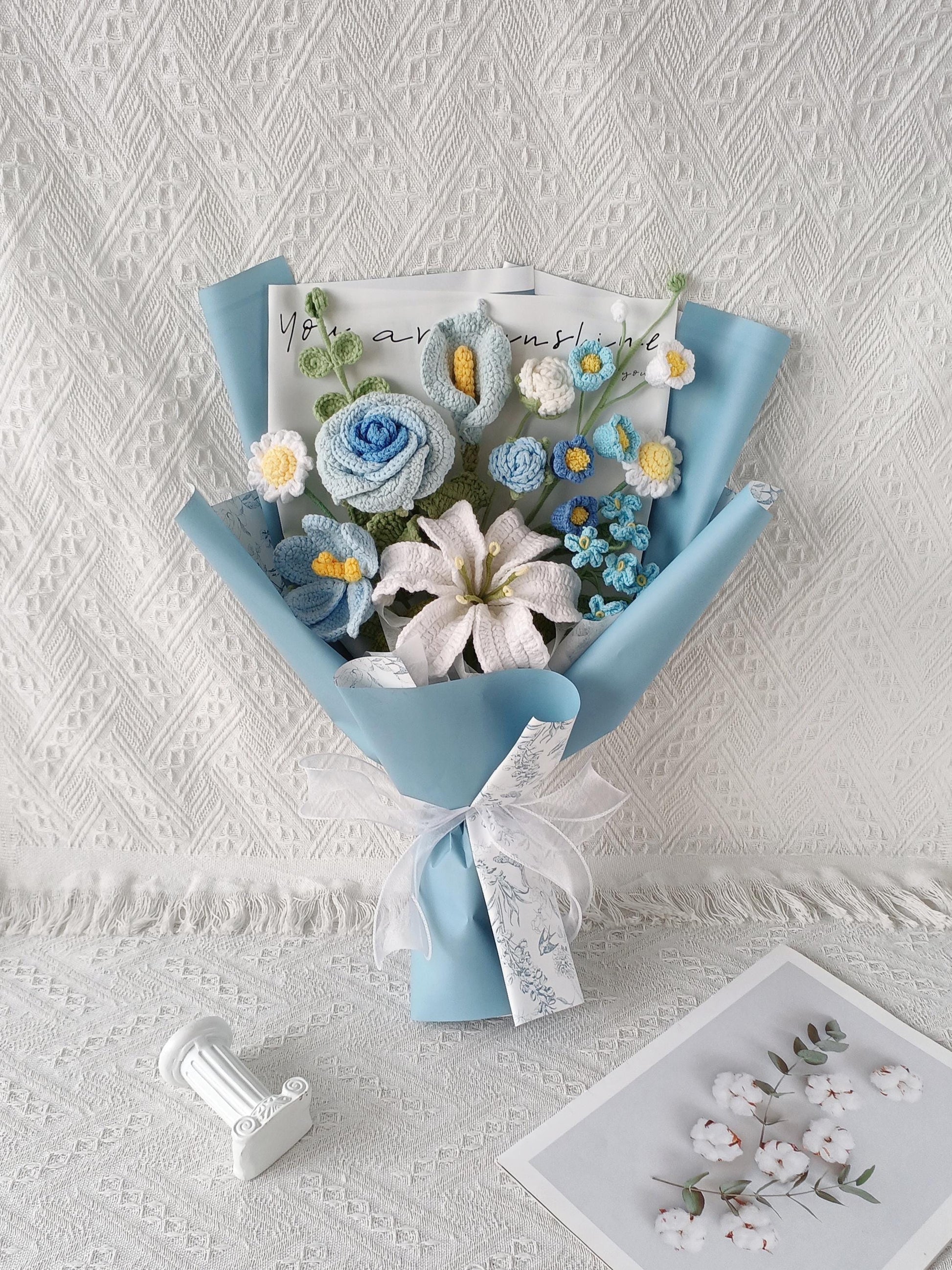 Handmade Crochet Flower Bouquet: Blue Everlasting Gift