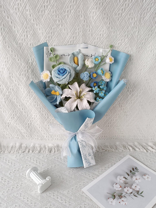 Handmade Crochet Flower Bouquet: Blue Everlasting Gift