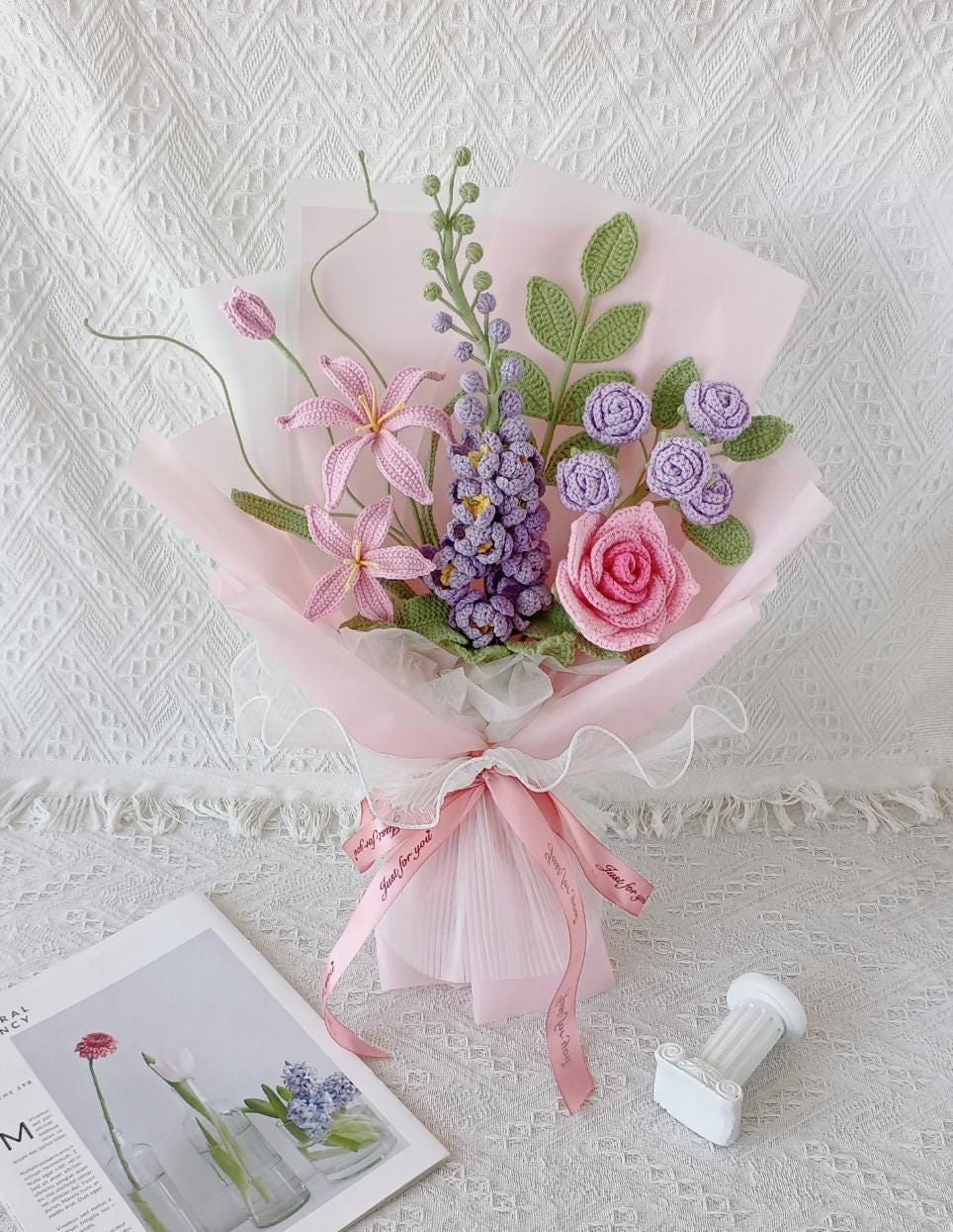 Crochet Delphinium Bouquet, Handmade Everlasting Floral Gift,  Crochet Larkspur, July Birth Flower Bouquet