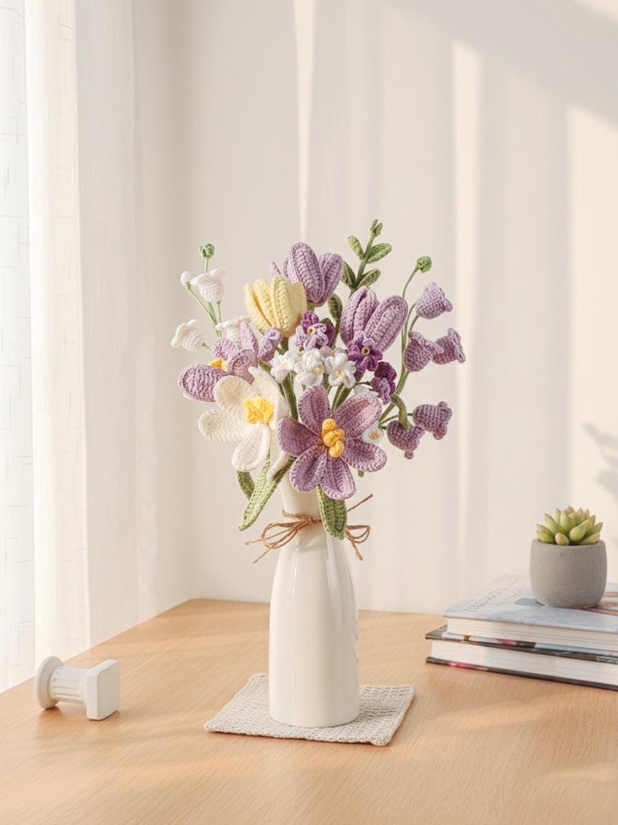 Crochet Flowers Bouquet in Vase: Everlasting Birthday Gift for Family and Holiday