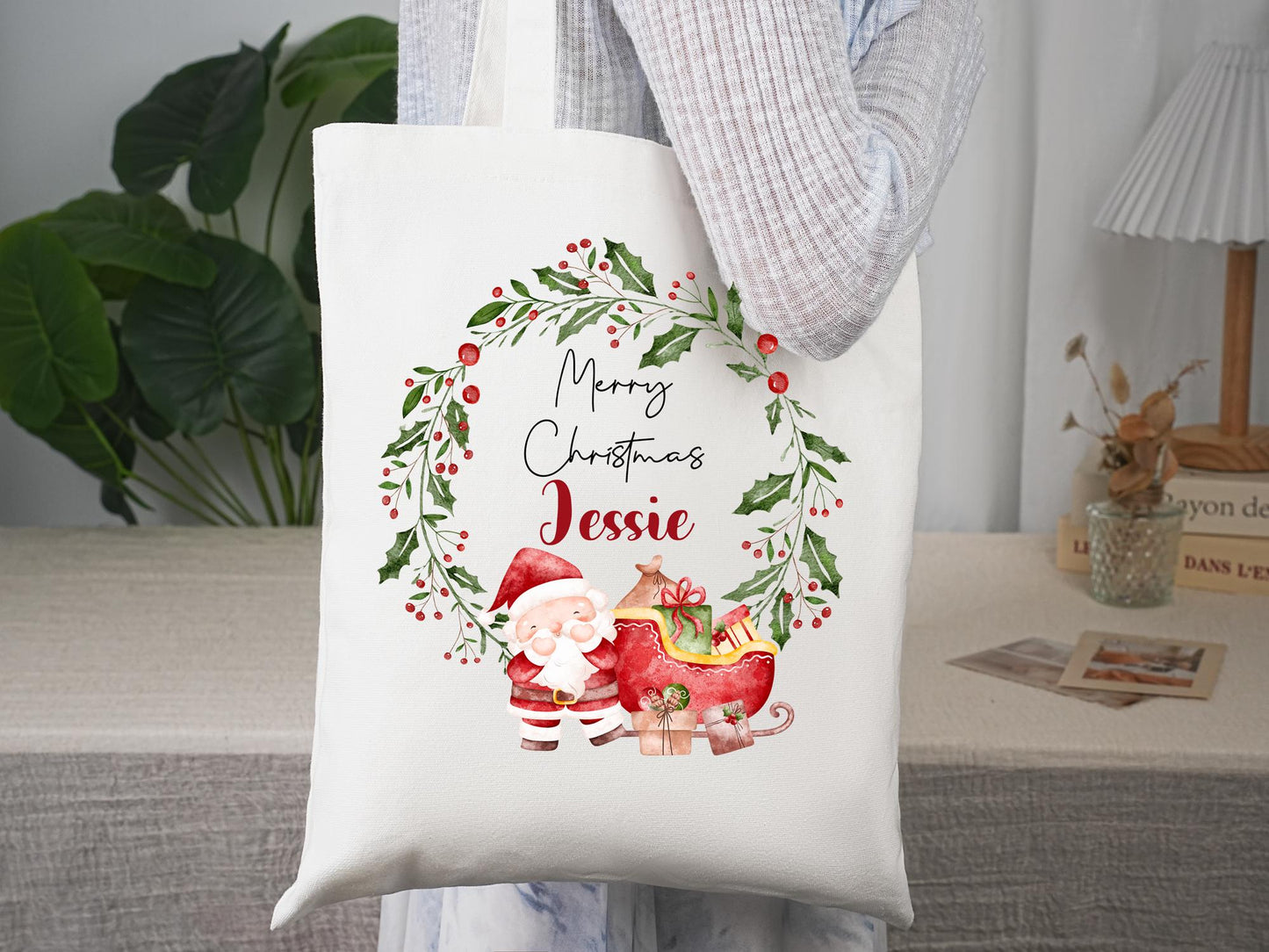 Personalized Christmas Tote Bag, Custom Name Santa/Snowman/Reindeer/Tree/Gnome Bag, Reusable Xmas Goodie, Party Favors, Name Gift, Noel Tote