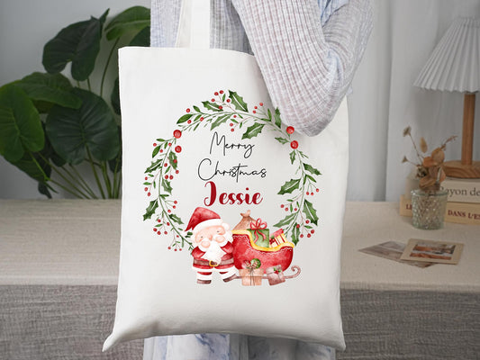 Personalized Christmas Tote Bag, Custom Name Santa/Snowman/Reindeer/Tree/Gnome Bag, Reusable Xmas Goodie, Party Favors, Name Gift, Noel Tote