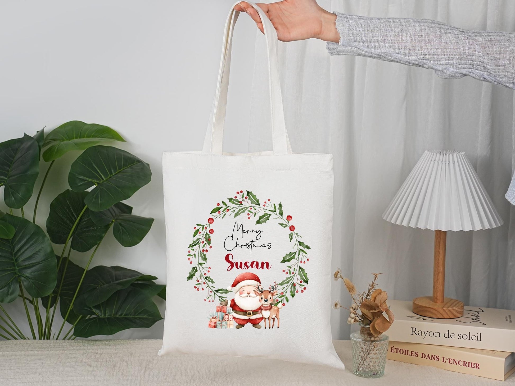 Personalized Christmas Tote Bag, Custom Name Santa/Snowman/Reindeer/Tree/Gnome Bag, Reusable Xmas Goodie, Party Favors, Name Gift, Noel Tote