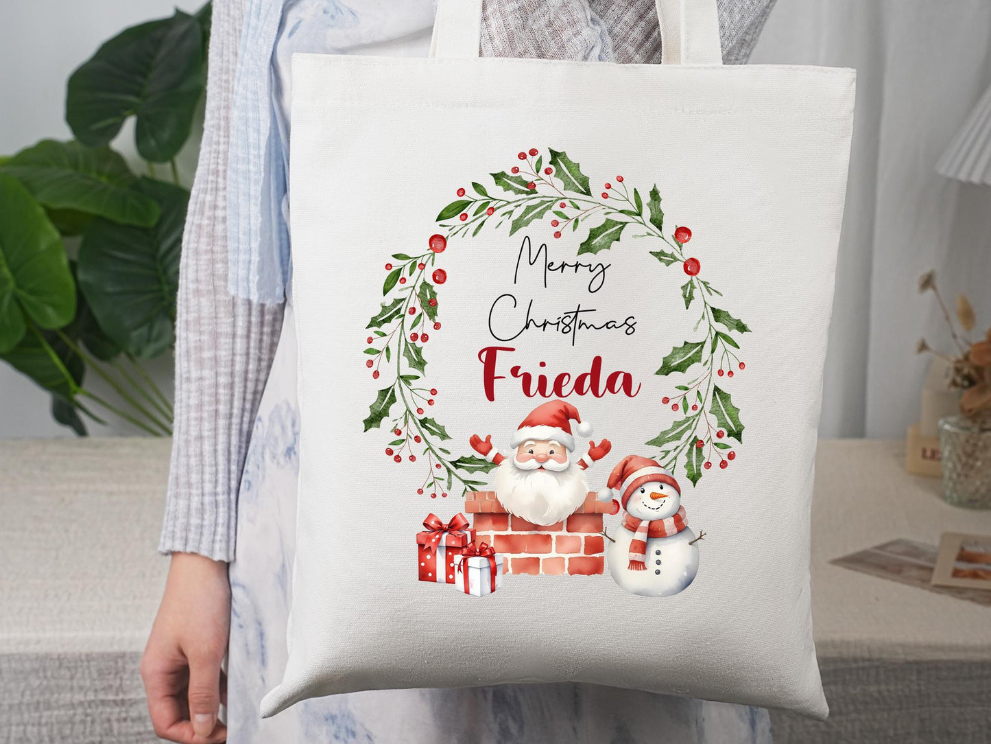 Personalized Christmas Tote Bag, Custom Name Santa/Snowman/Reindeer/Tree/Gnome Bag, Reusable Xmas Goodie, Party Favors, Name Gift, Noel Tote