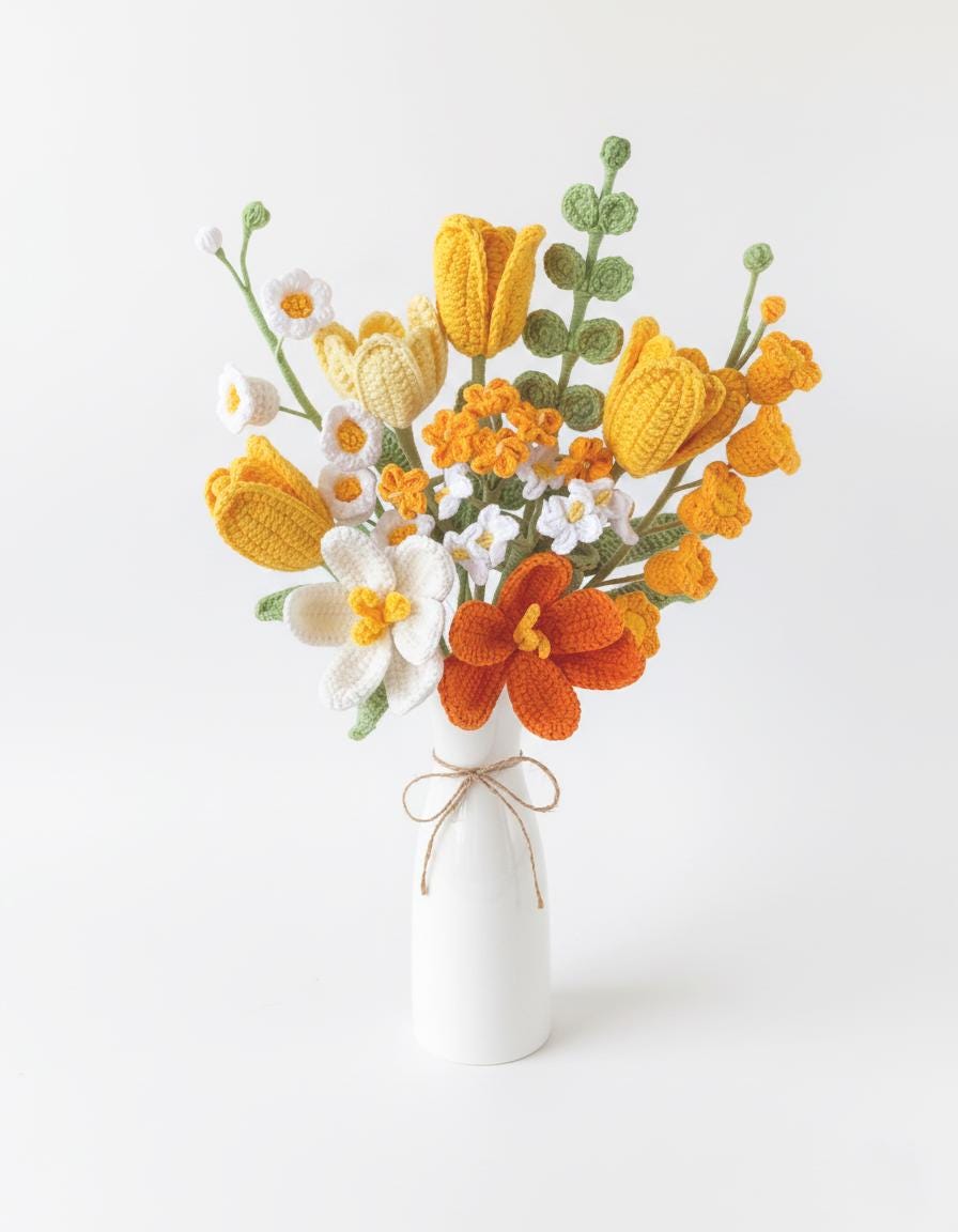 Crochet Flower Bouquet with Vase, Handmade Tulips, Lily-of-the-Valley