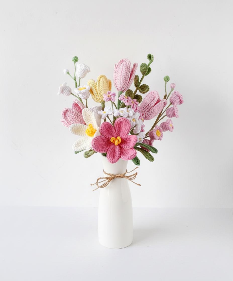 Crochet Flower Bouquet with Vase, Handmade Tulips, Lily-of-the-Valley