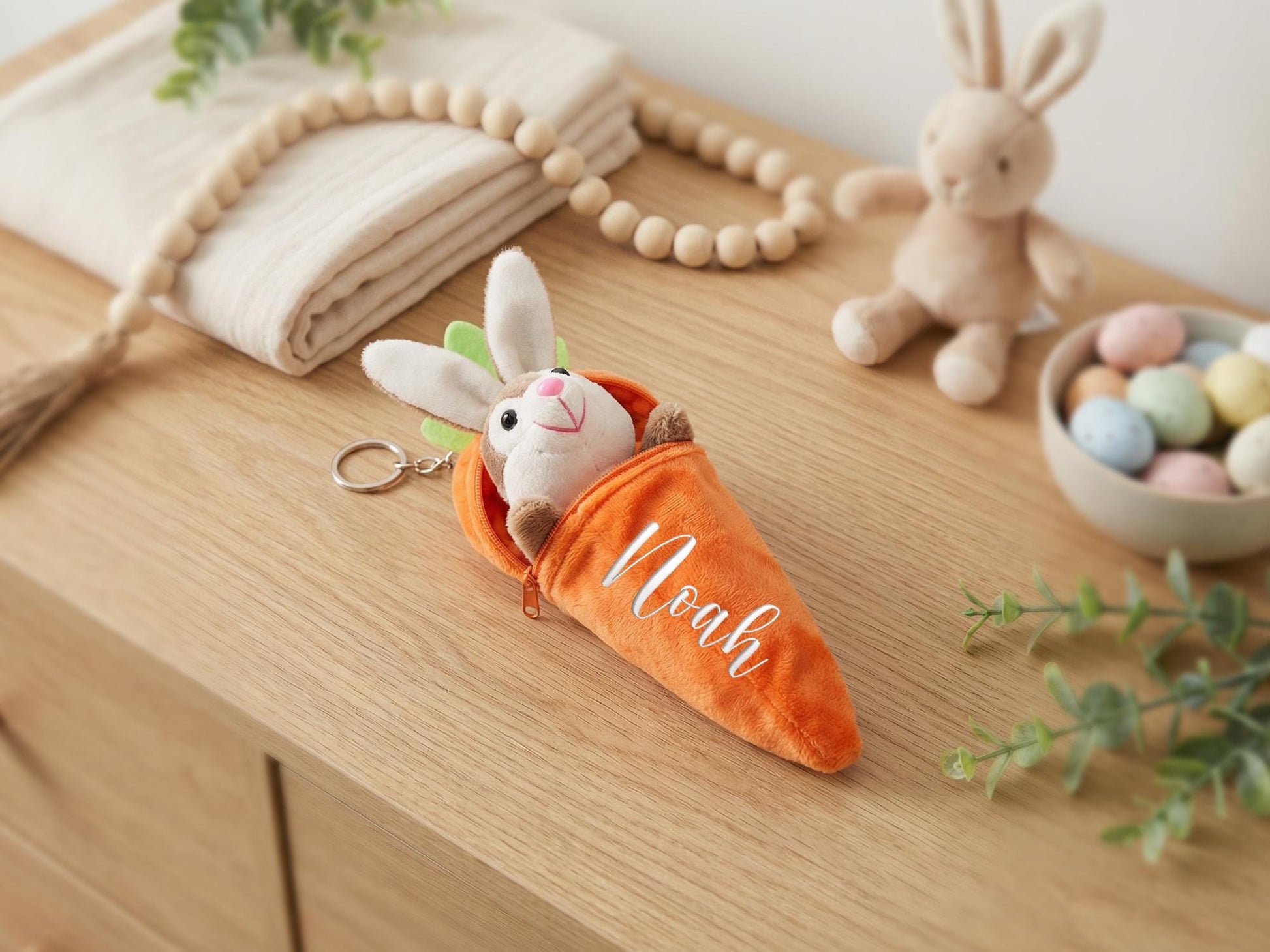 Personalized Carrot Bunny Keychain, Plush Easter Basket Stuffer, Custom Name Zipper Pouch Keyring, Kids Egg Hunt Gift