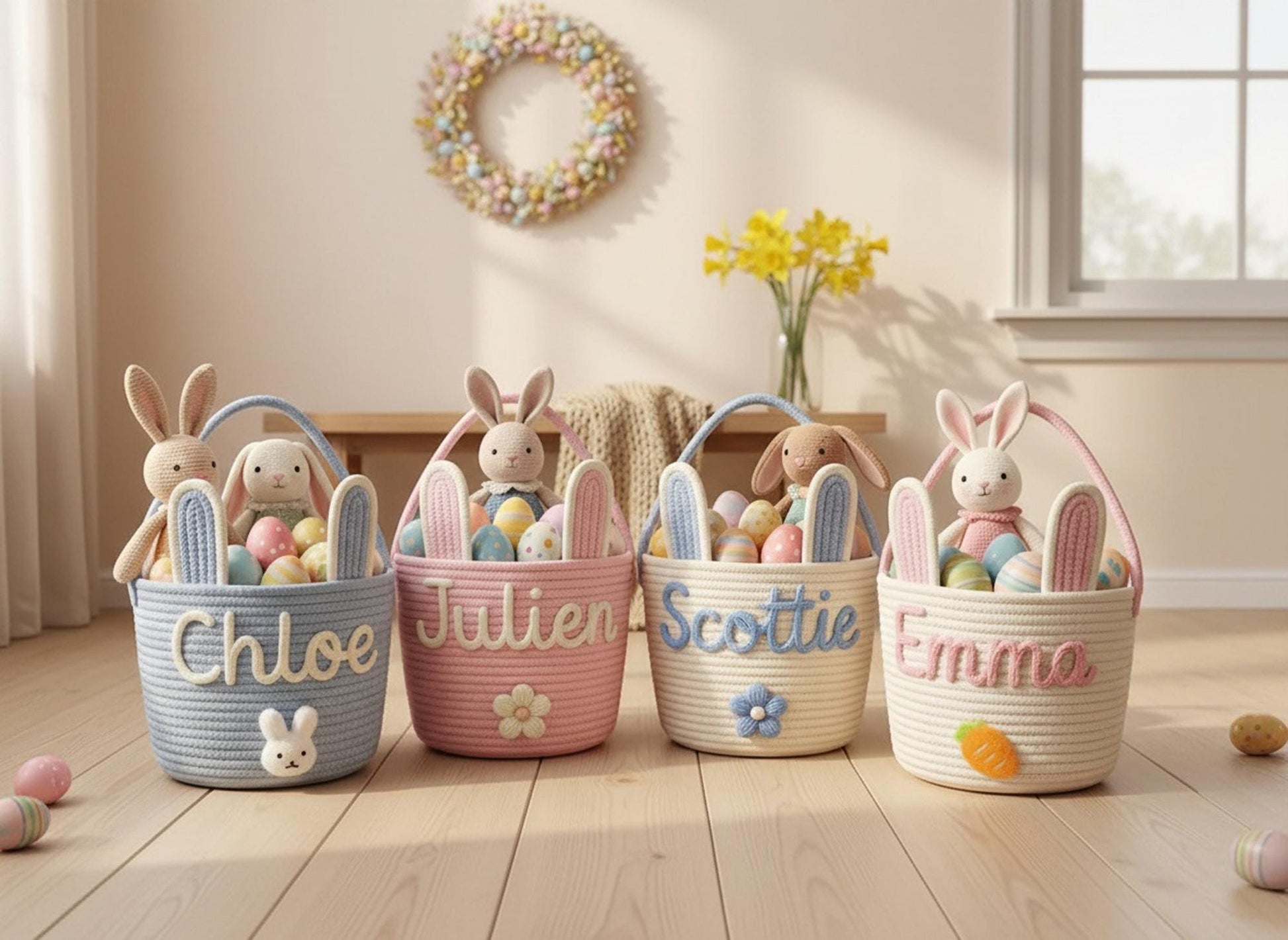 Custom Easter Basket With Name, Handmade Bunny Cotton Rope Bucket, Kids Egg Hunt Treat Holder, Baby First Easter Gift