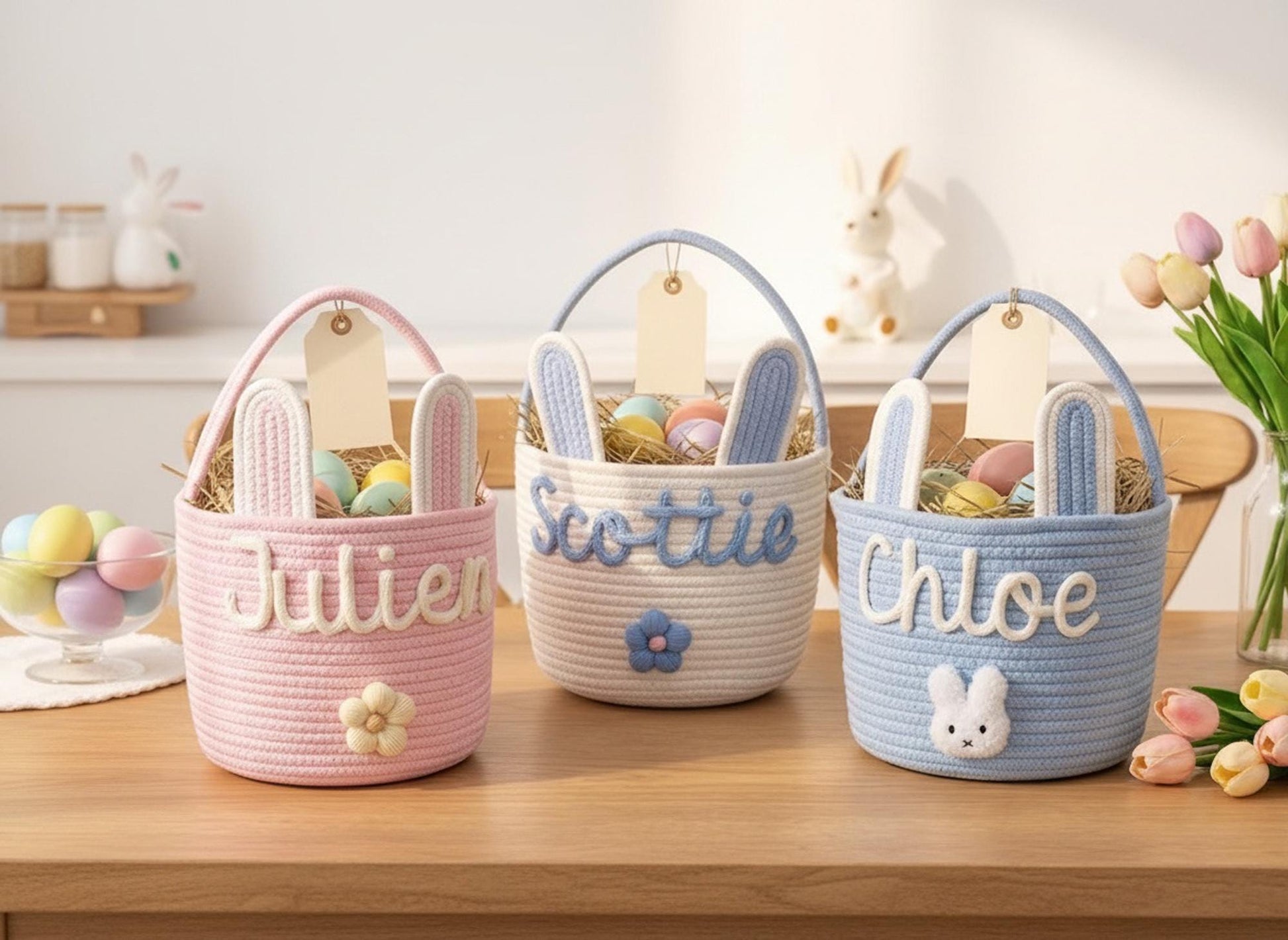 Custom Easter Basket With Name, Handmade Bunny Cotton Rope Bucket, Kids Egg Hunt Treat Holder, Baby First Easter Gift