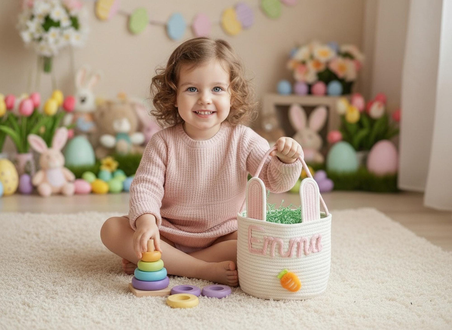 Custom Easter Basket With Name, Handmade Bunny Cotton Rope Bucket, Kids Egg Hunt Treat Holder, Baby First Easter Gift