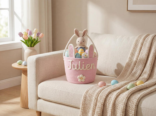 Personalized Easter Basket With Name, Bunny Ears Cotton Rope Basket, Custom Egg Hunt Gift for Kids, Baby First Easter Keepsake