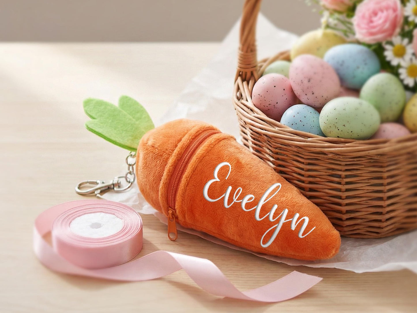 Personalized Carrot Bunny Keychain, Plush Easter Basket Stuffer, Custom Name Zipper Pouch Keyring, Kids Egg Hunt Gift,Bunny Carrot Bag Charm