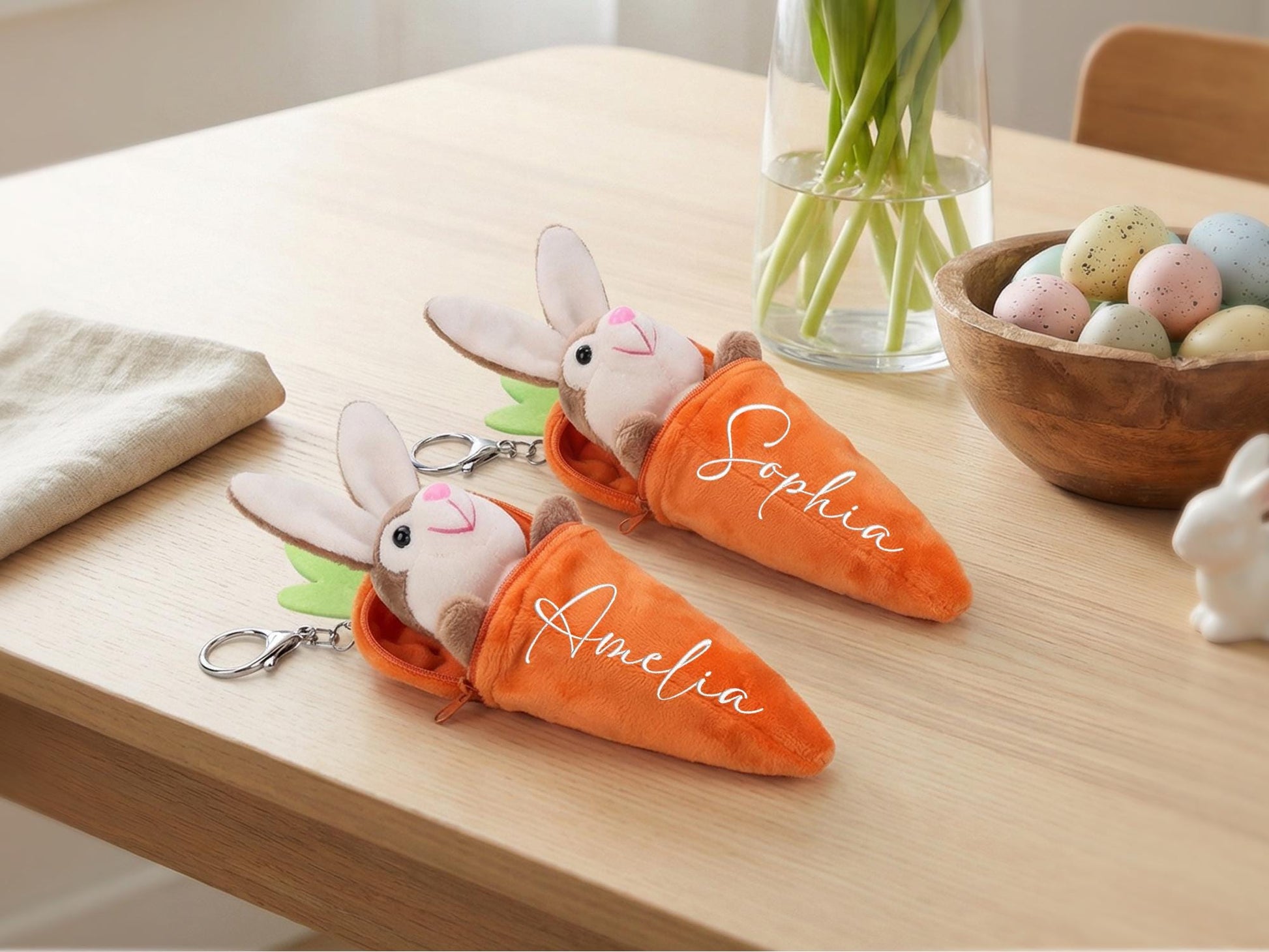 Personalized Carrot Bunny Keychain, Plush Easter Basket Stuffer, Custom Name Zipper Pouch Keyring, Kids Egg Hunt Gift,Bunny Carrot Bag Charm