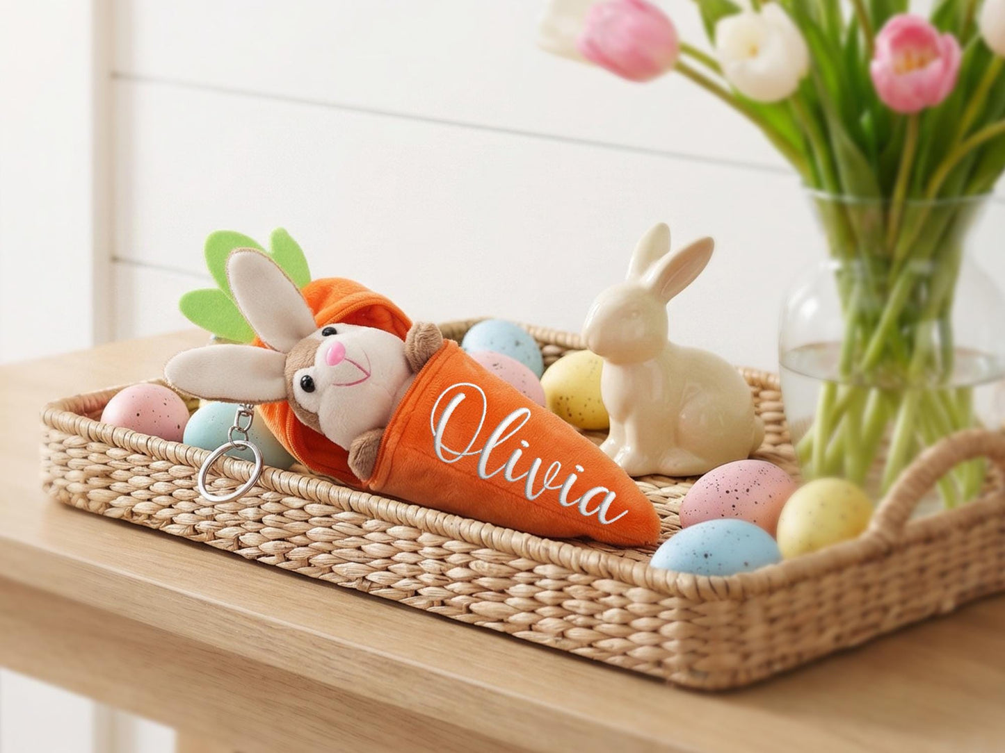 Personalized Carrot Bunny Keychain, Plush Easter Basket Stuffer, Custom Name Zipper Pouch Keyring, Kids Egg Hunt Gift