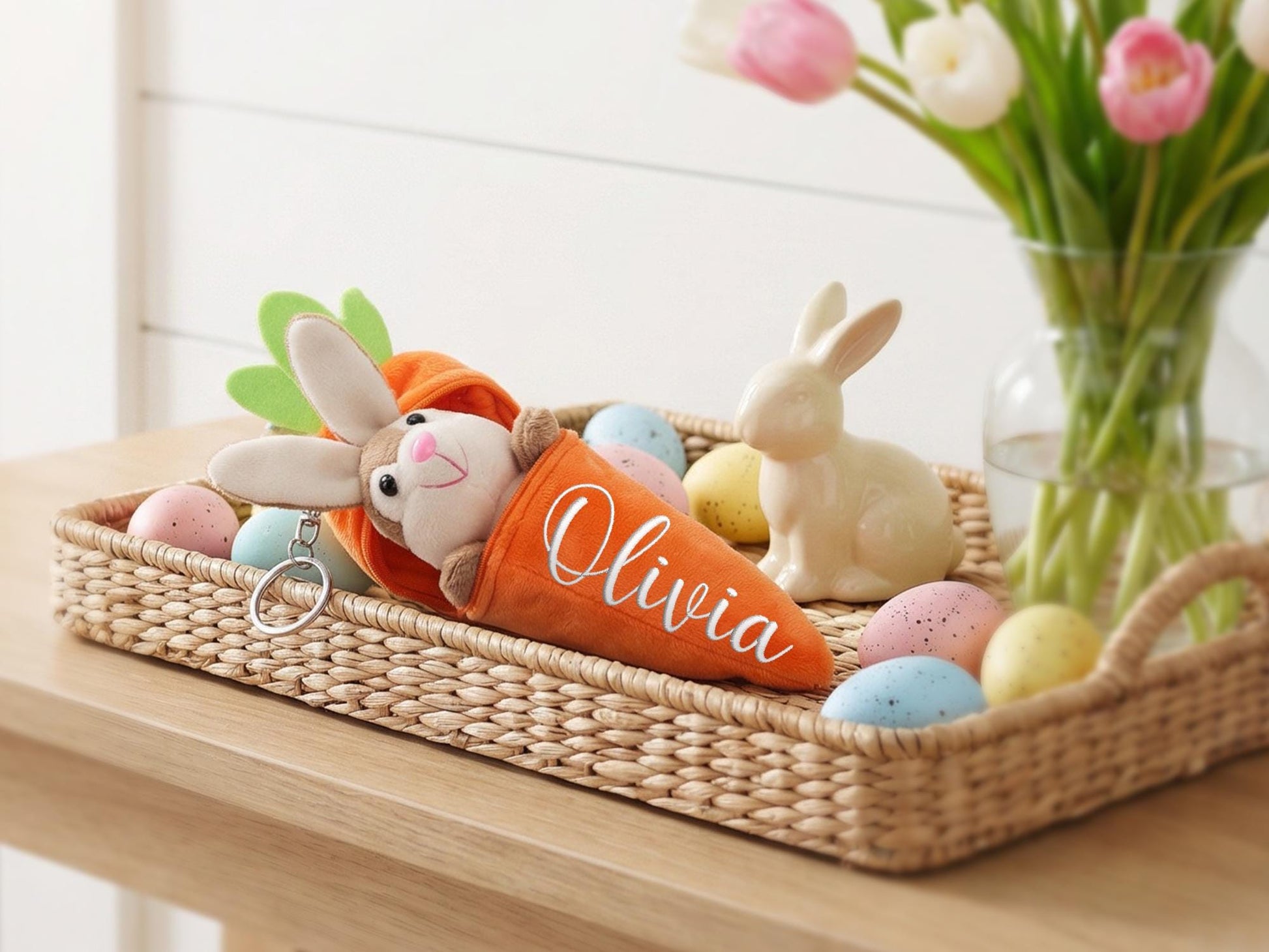 Personalized Carrot Bunny Keychain, Plush Easter Basket Stuffer, Custom Name Zipper Pouch Keyring, Kids Egg Hunt Gift