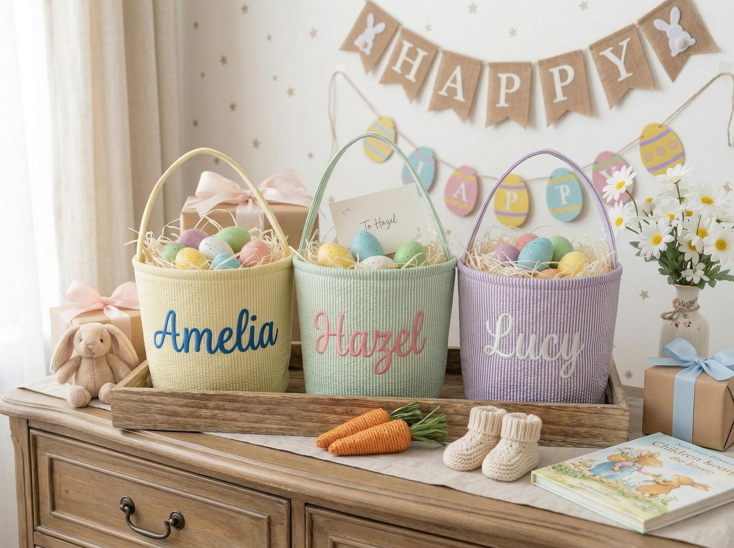Custom Name Easter Basket for Kids, Personalized Bunny Basket, Seersucker Egg Hunt Bag, Baby Toddler Easter Gift