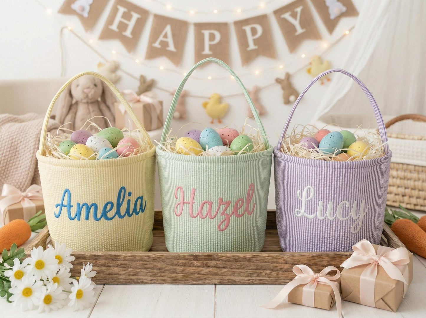 Custom Name Easter Basket for Kids, Personalized Bunny Basket, Seersucker Egg Hunt Bag, Baby Toddler Easter Gift