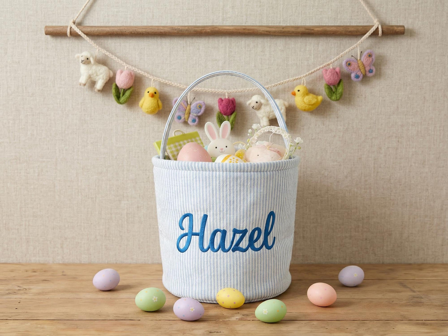 Custom Name Easter Basket for Kids, Personalized Bunny Basket, Seersucker Egg Hunt Bag, Baby Toddler Easter Gift