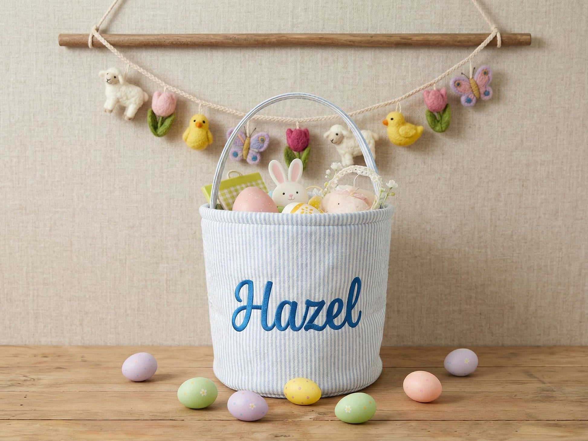 Personalized Seersucker Easter Basket With Custom Name, Embroidered or Printed Bunny Basket, Kids Egg Hunt Basket, Easter Gift