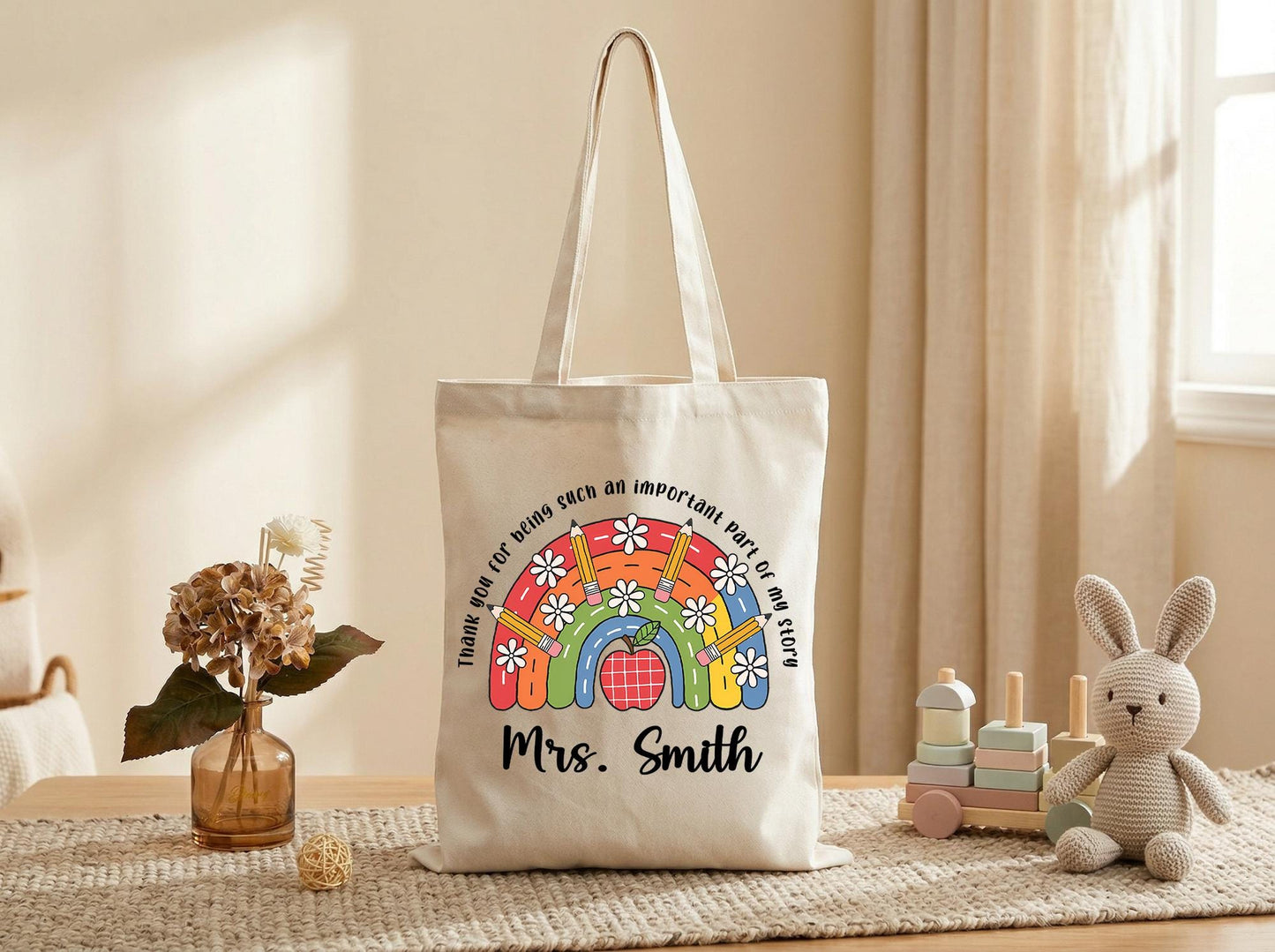 Canvas Tote Bag Teacher Gift Rainbow Apple Personalized Name