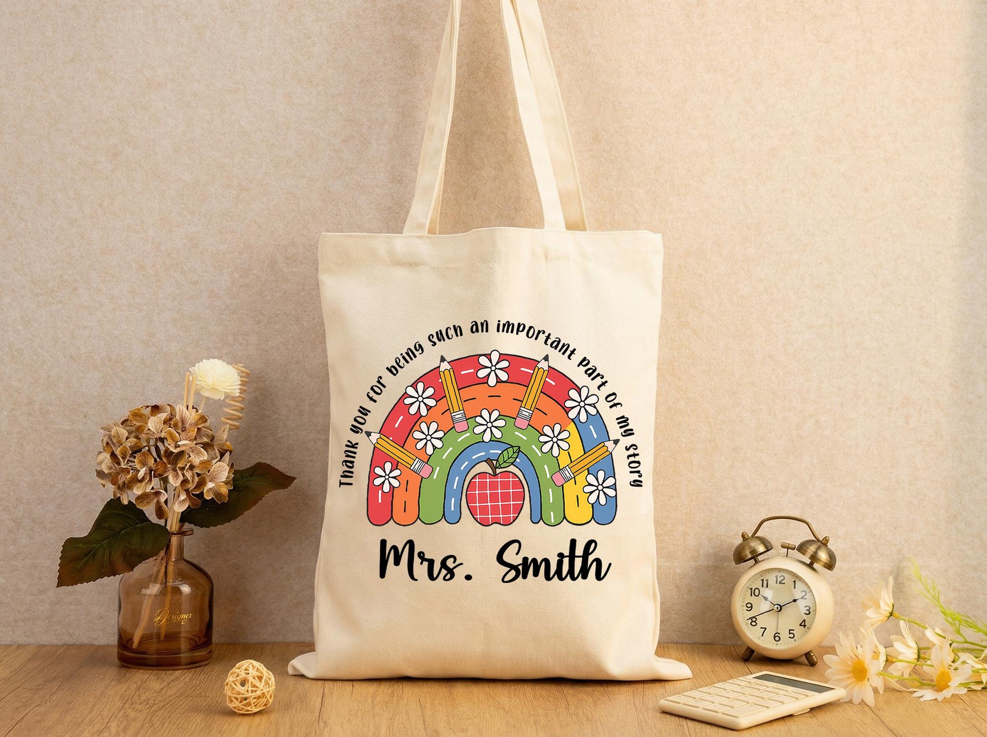Canvas Tote Bag Teacher Gift Rainbow Apple Personalized Name