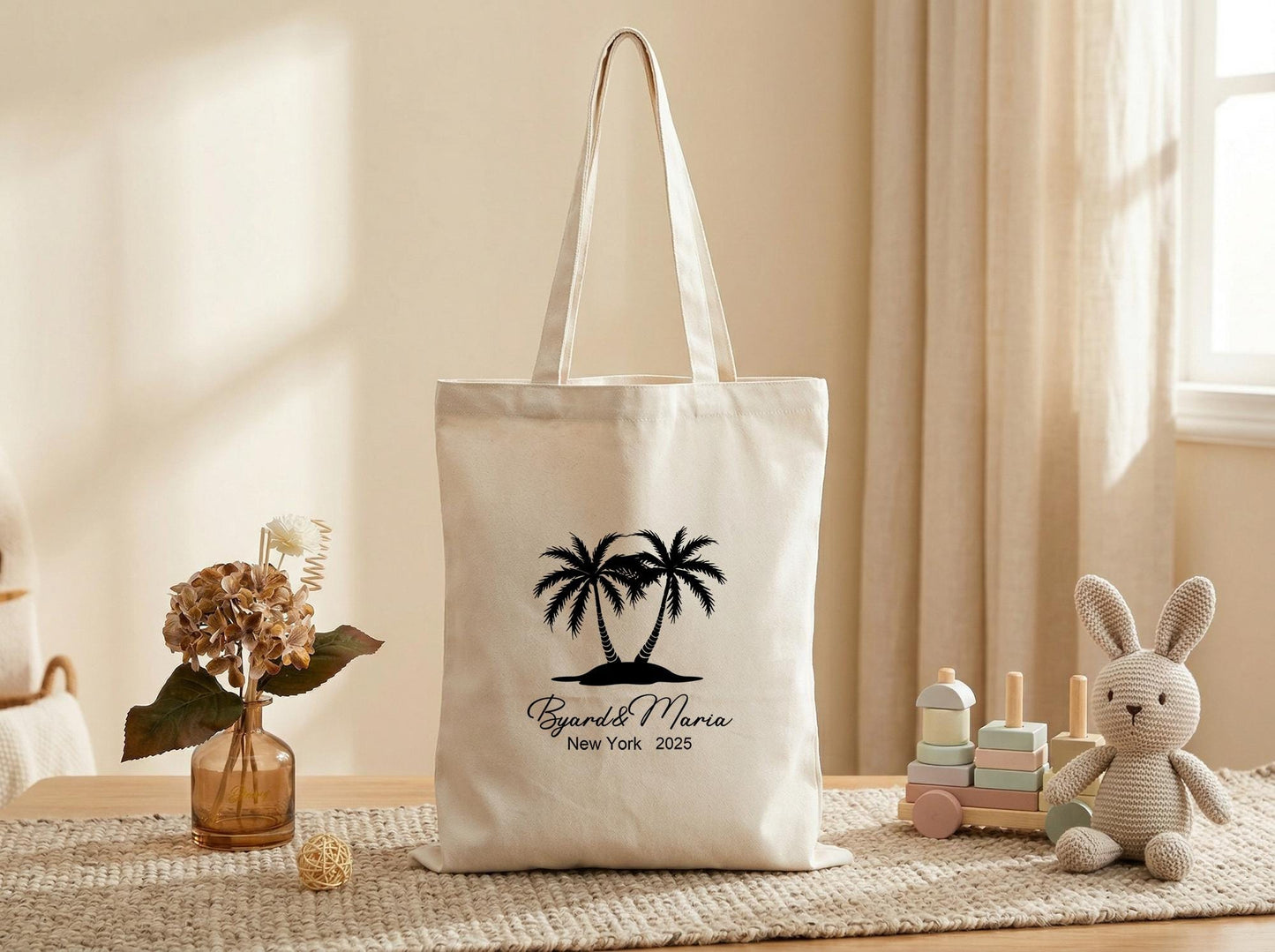 Canvas Tote Bag Personalized Palm Tree Names Date | Gift For Newlyweds, Engagement Present, Anniversary Keepsake, Custom Couple Tote