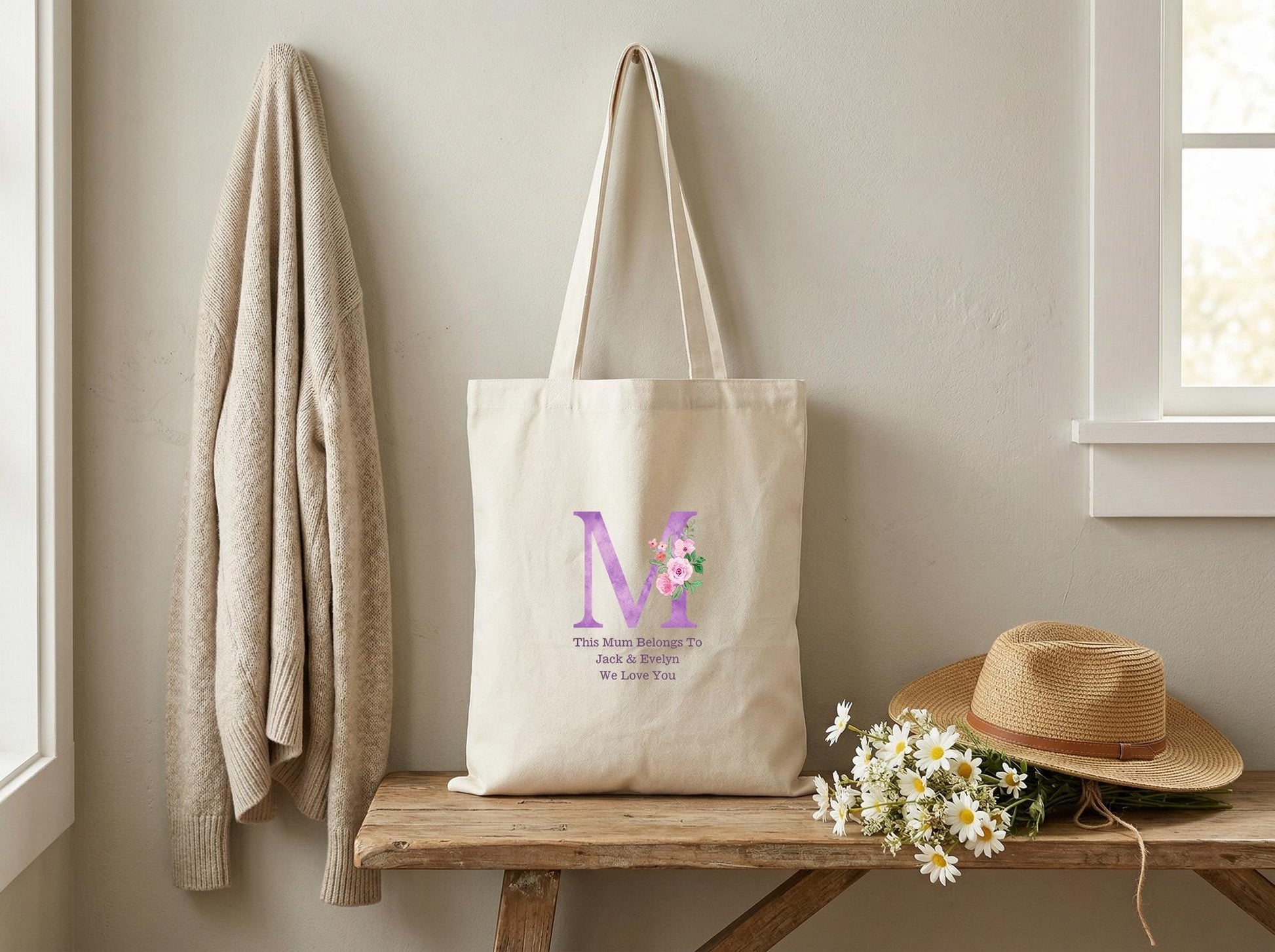 Cotton Canvas Tote Bag Personalized Monogram Initial, New Teacher Thank You Gift, Floral Letter Carryall For Everyday Errands