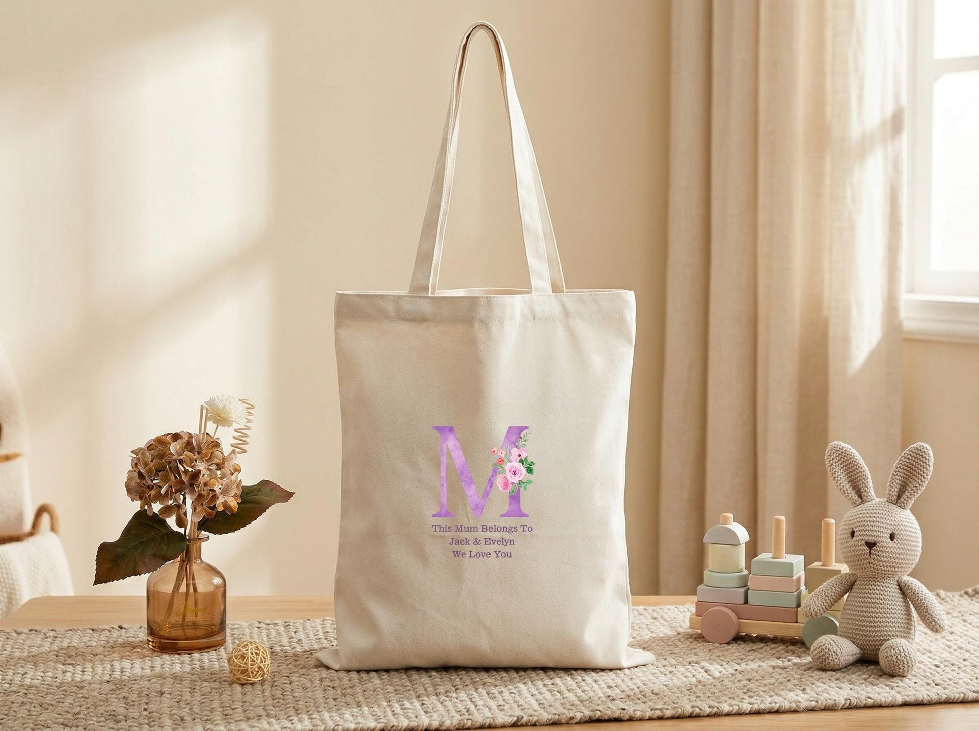 Cotton Canvas Tote Bag Personalized Monogram Initial, New Teacher Thank You Gift, Floral Letter Carryall For Everyday Errands