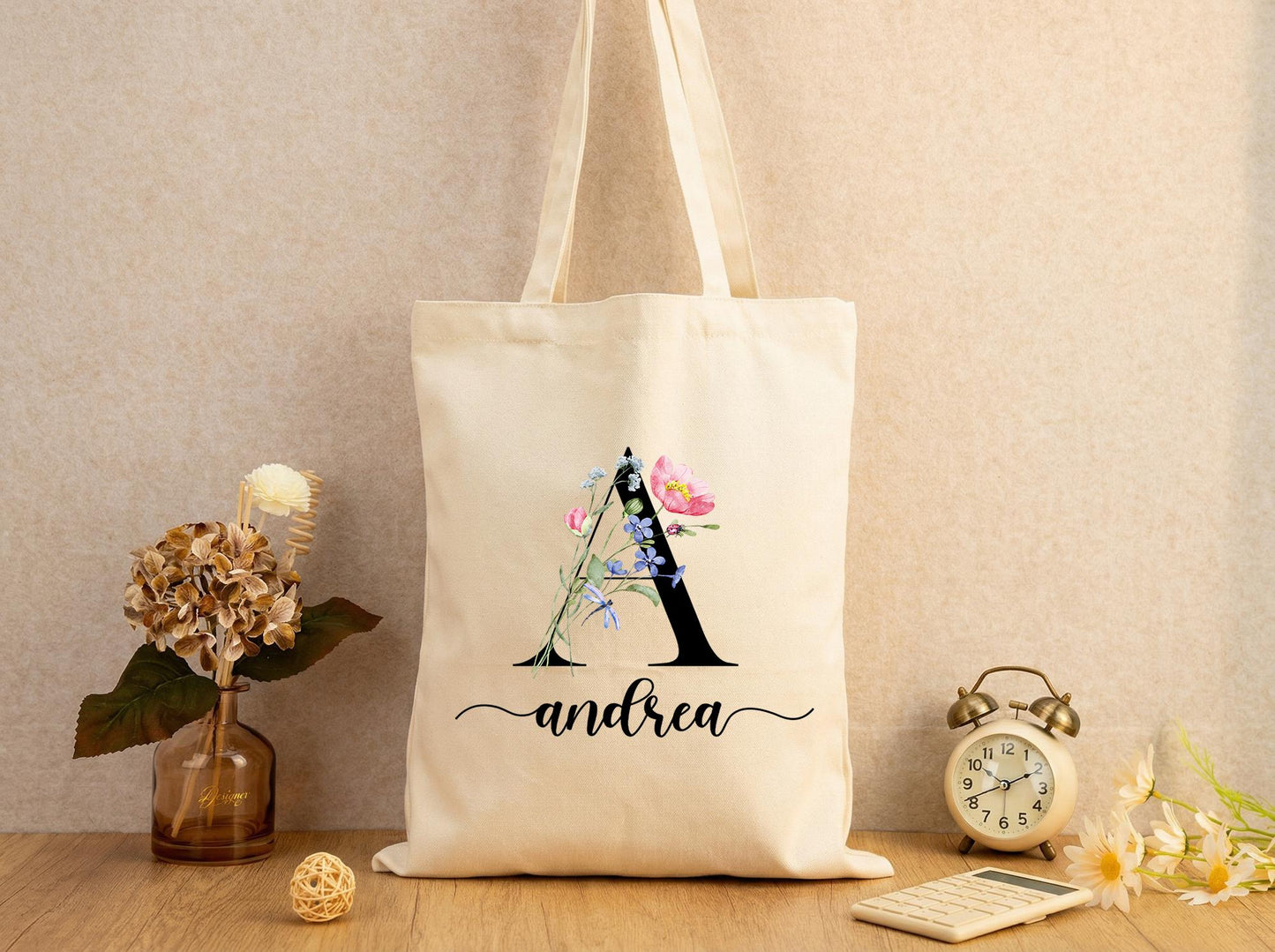 Personalized Canvas Tote Bag With Floral Initial, Custom Name Monogram Shopper, Reusable Book Bag For Teachers, Bridesmaids, Everyday Carry