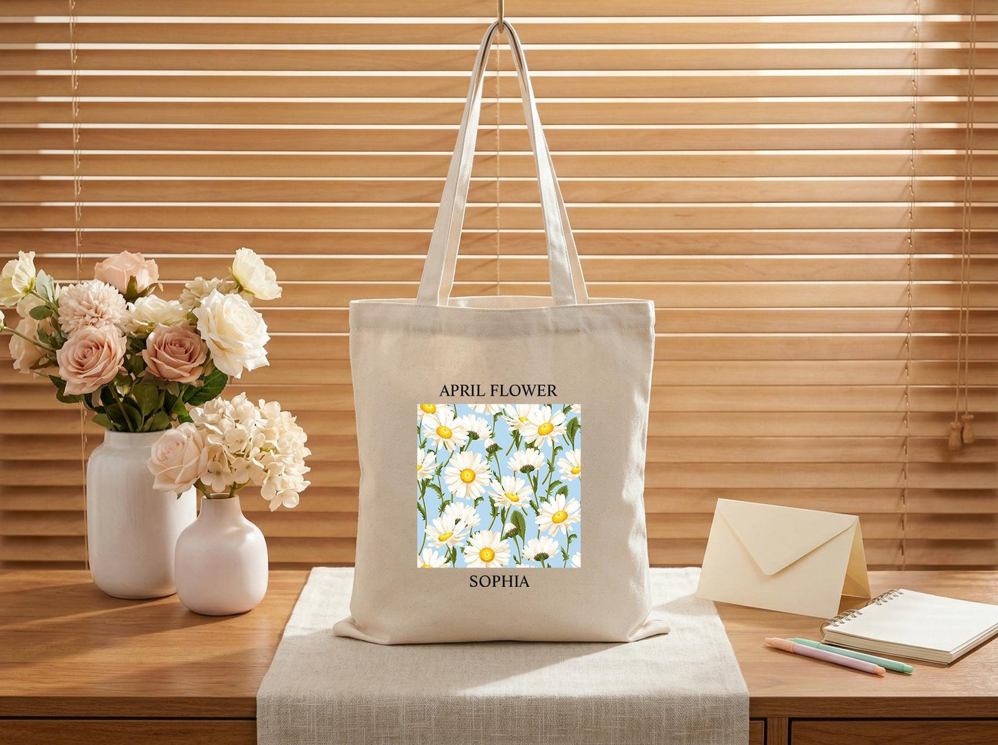 Canvas Tote Bag With April Daisy Birth Flower, Personalized For Her, Custom Name Gift For Mom, Sister, Best Friend, Sweet Birthday Surprise