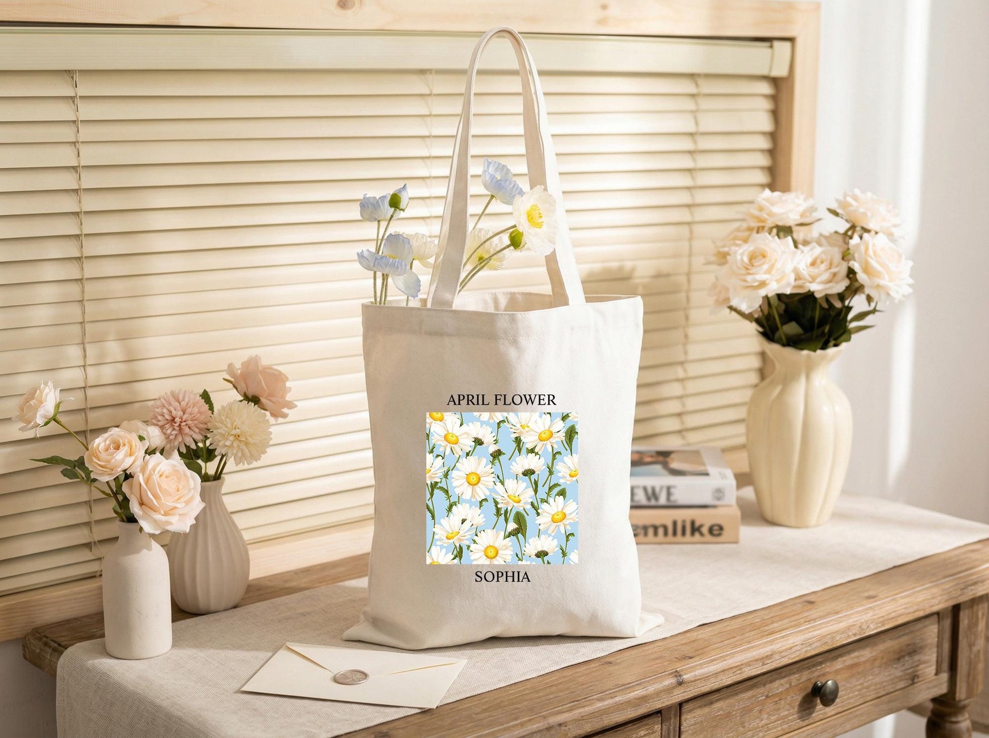 Canvas Tote Bag With April Daisy Birth Flower, Personalized For Her, Custom Name Gift For Mom, Sister, Best Friend, Sweet Birthday Surprise