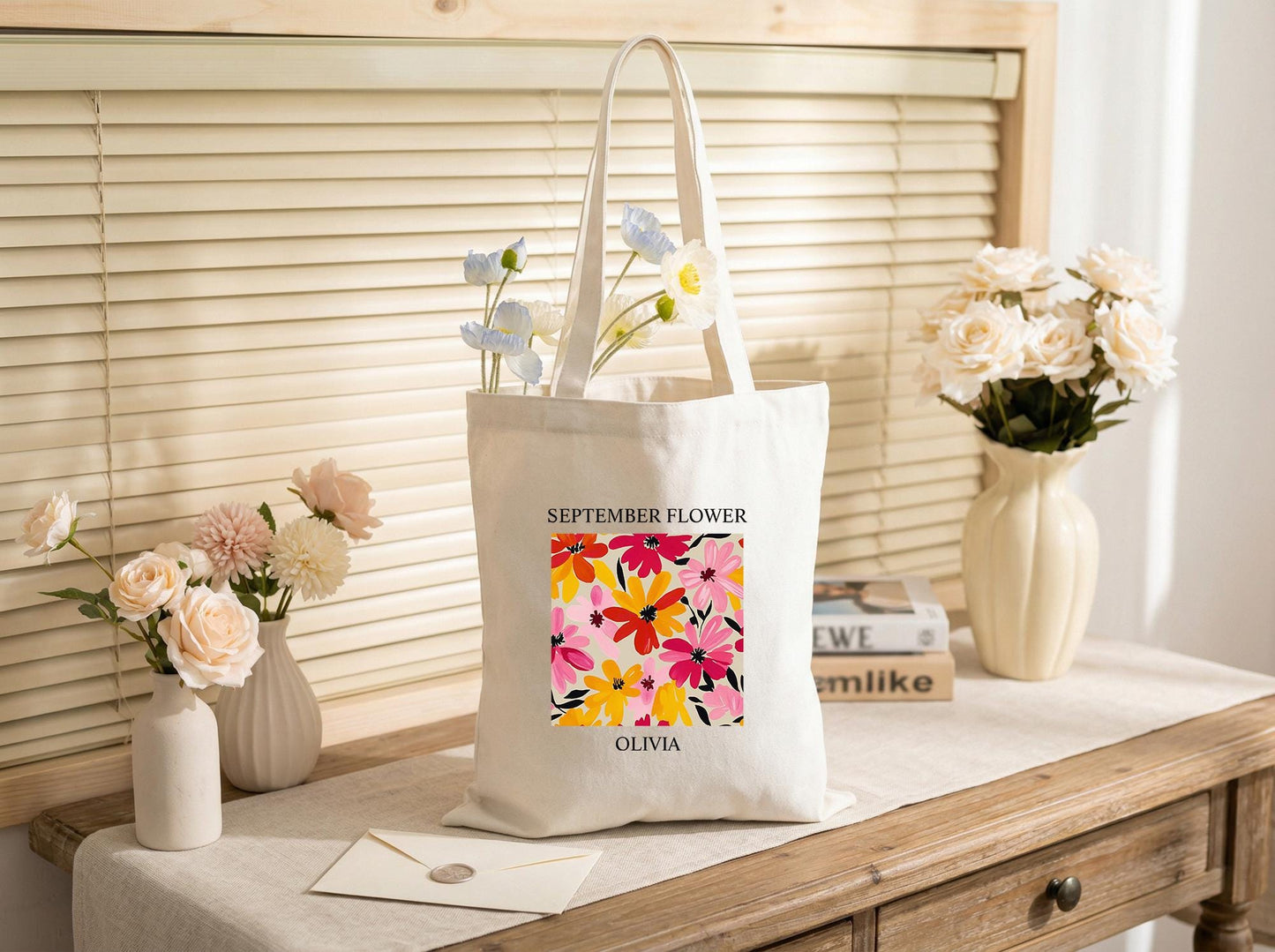 Cotton Canvas Tote Bag, Personalized Birth Flower Name, September Flower, Teacher Tote, Book Club Bag, Reader And Planner Carryall