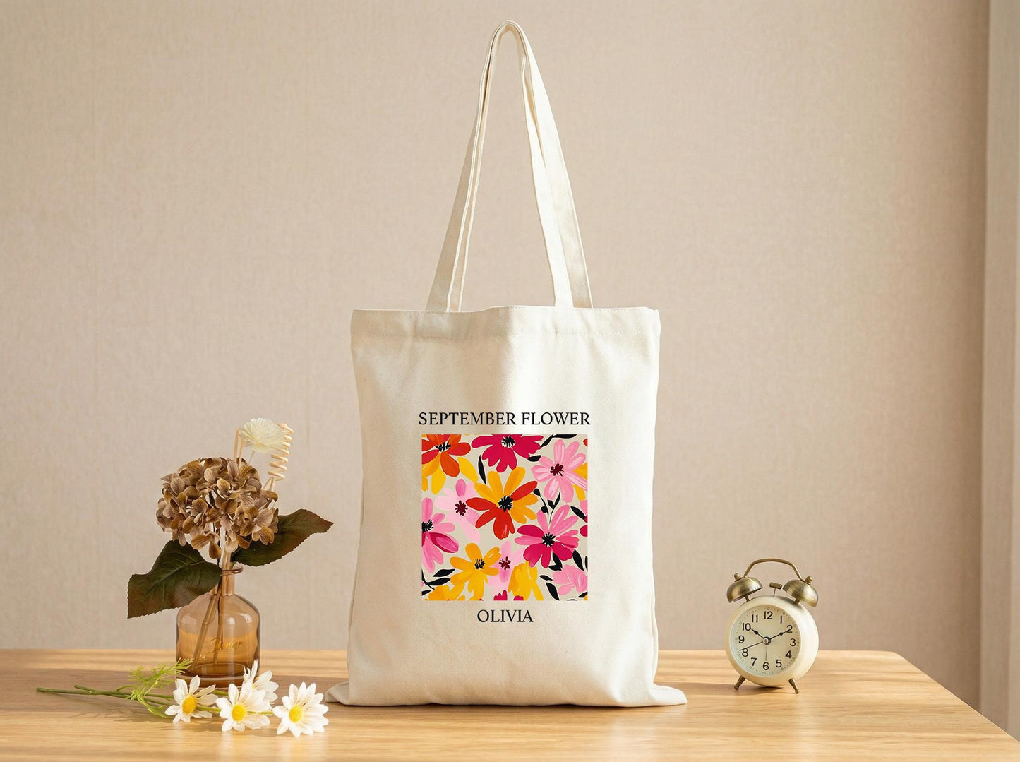Cotton Canvas Tote Bag, Personalized Birth Flower Name, September Flower, Teacher Tote, Book Club Bag, Reader And Planner Carryall