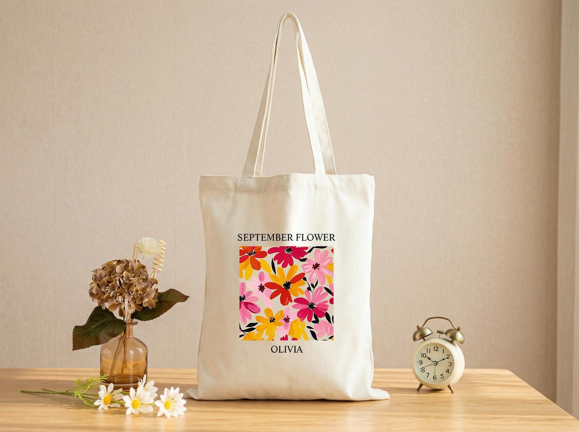 Cotton Canvas Tote Bag, Personalized Birth Flower Name, September Flower, Teacher Tote, Book Club Bag, Reader And Planner Carryall