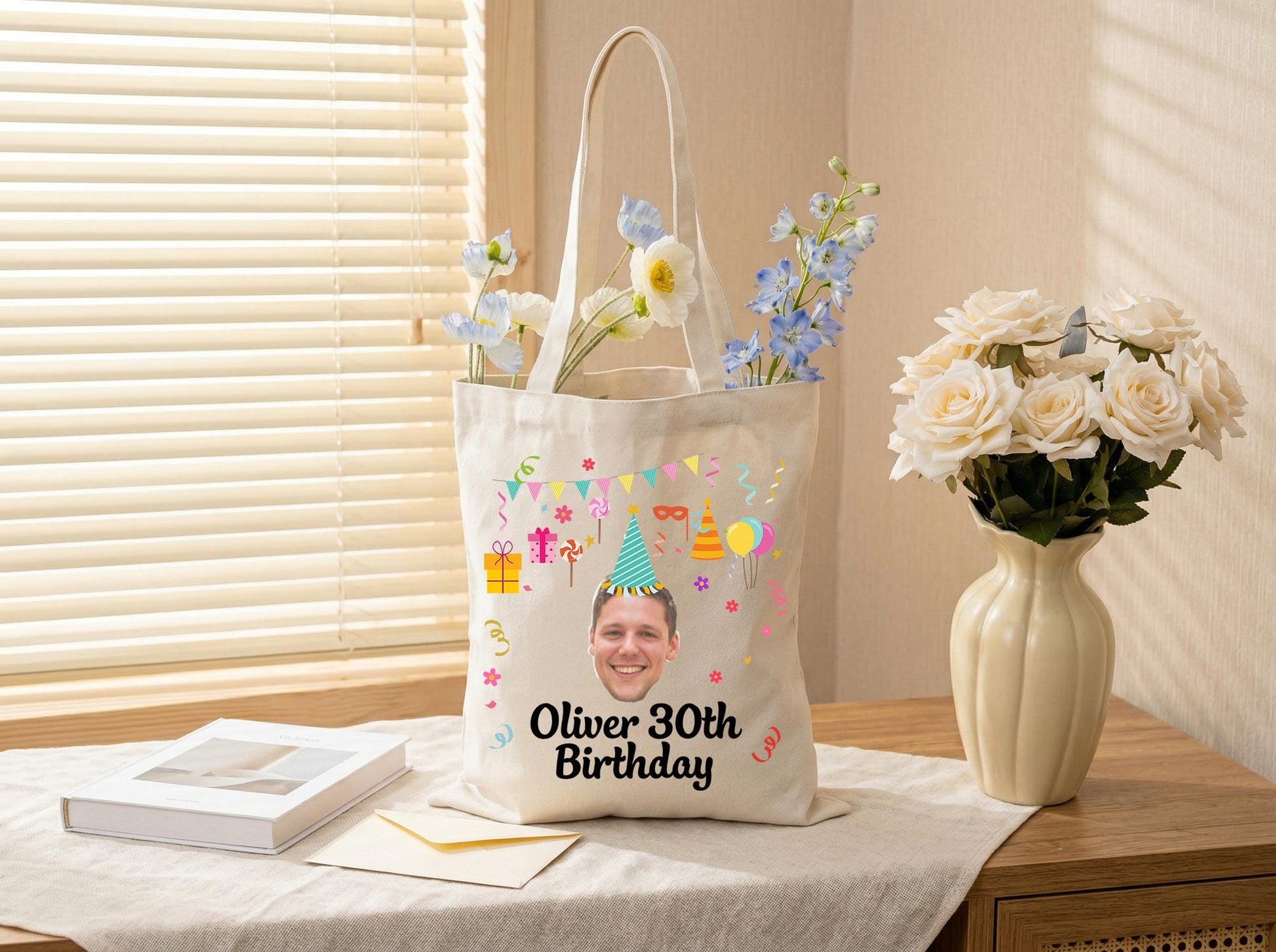 Canvas Tote Bag Custom Photo 30Th Birthday Gift Party Icons Personalized Name Reusable Shopper Bag For Women Men Friend