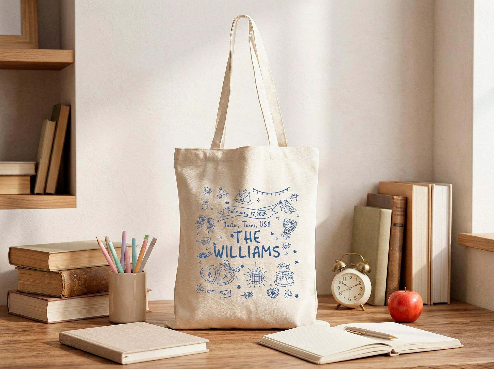 Personalized Canvas Tote Bag For Couple, Custom Family Name & Date, Wedding Shower Gift, Reusable Market Bag, Custom City State Print