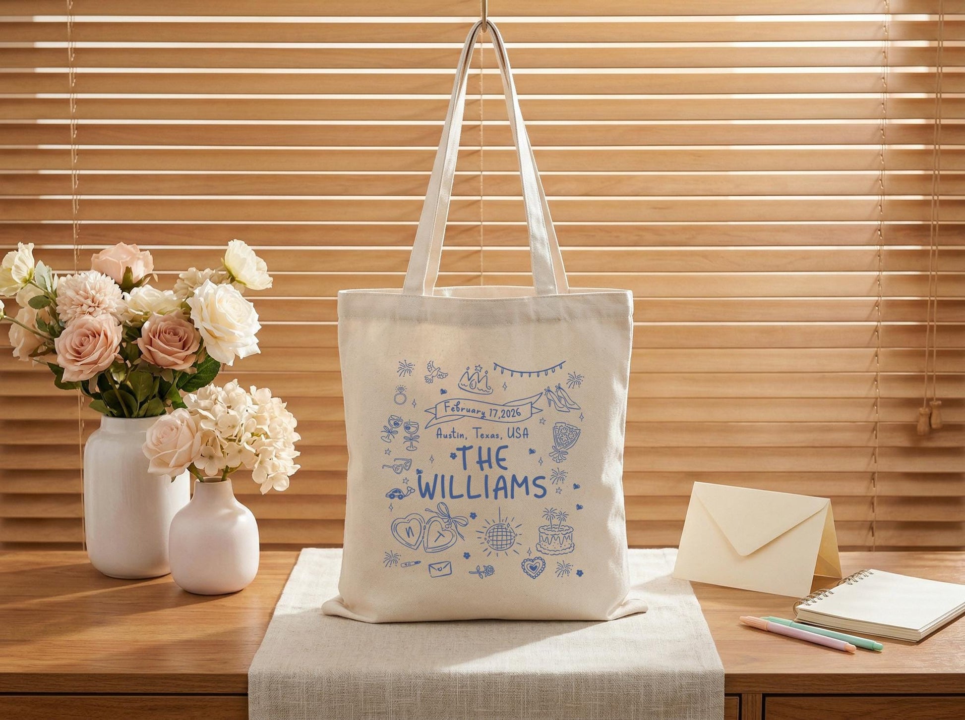 Personalized Canvas Tote Bag For Couple, Custom Family Name & Date, Wedding Shower Gift, Reusable Market Bag, Custom City State Print